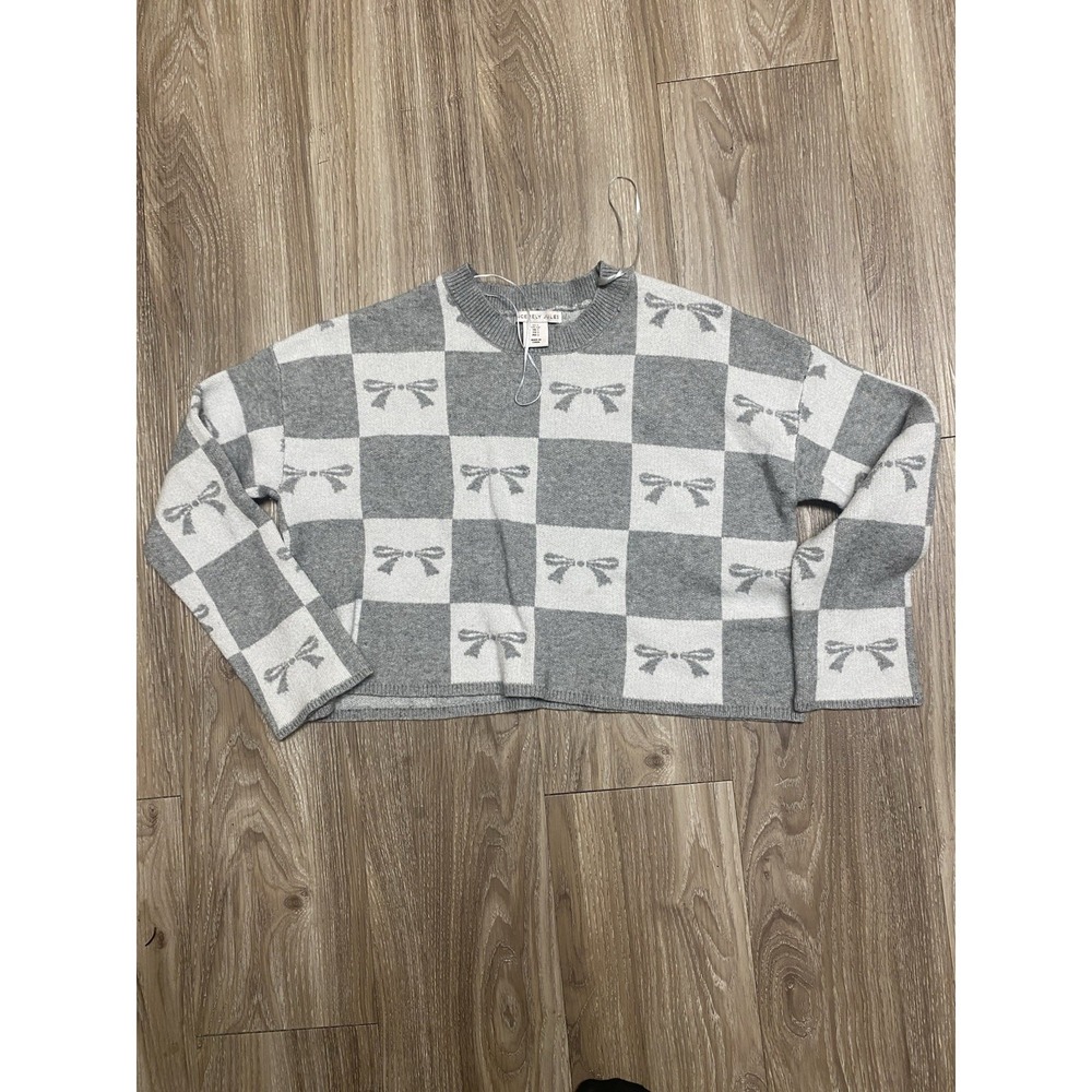 Sincerely Jules Cropped Sweater Size Small Checkered Bows Gray White